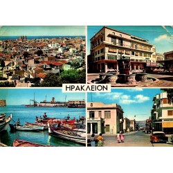 Carte postale multivues d'Héraklion en Crète avec panorama urbain, port, fontaine et rues du centre-ville.