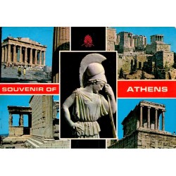Carte postale multivues Souvenir of Athens avec le Parthénon, les Caryatides et l'Acropole, voyagée en 1988.