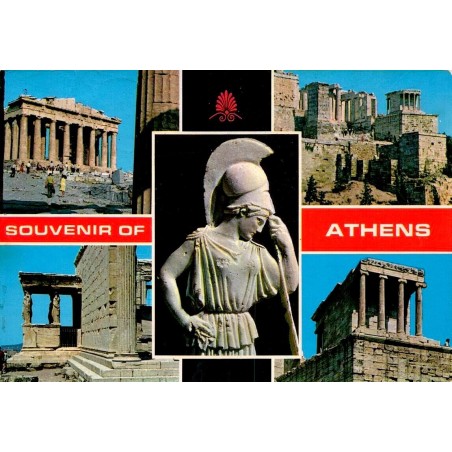 Carte postale multivues Souvenir of Athens avec le Parthénon, les Caryatides et l'Acropole, voyagée en 1988.