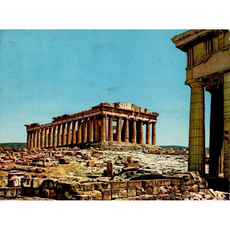 Carte postale ancienne du Parthénon vu depuis l'Érechthéion sur l'Acropole d'Athènes.