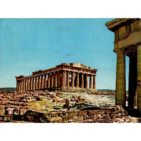 Carte postale ancienne du Parthénon vu depuis l'Érechthéion sur l'Acropole d'Athènes.