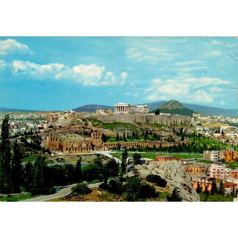 Carte postale ancienne montrant la vue générale de l'Acropole d'Athènes avec le Parthénon et l'Odéon d'Hérode Atticus.