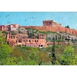 Carte postale ancienne en couleurs montrant l'Acropole d'Athènes avec le Parthénon, timbre grec et oblitération de 1981