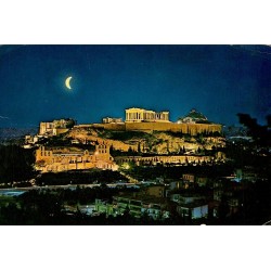Carte postale ancienne de l'Acropole d'Athènes illuminée de nuit avec verso manuscrit et oblitération grecque