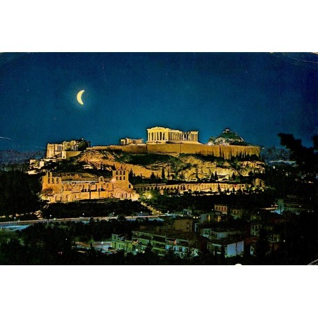 Carte postale ancienne de l'Acropole d'Athènes illuminée de nuit avec verso manuscrit et oblitération grecque