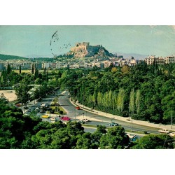 Carte postale ancienne montrant une vue partielle d'Athènes avec l'Acropole, timbre BALKANFILA 79 et oblitération