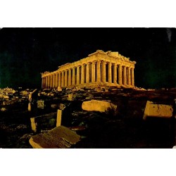 Carte postale ancienne du Parthénon illuminé sur l'Acropole d'Athènes avec verso manuscrit daté de 1975