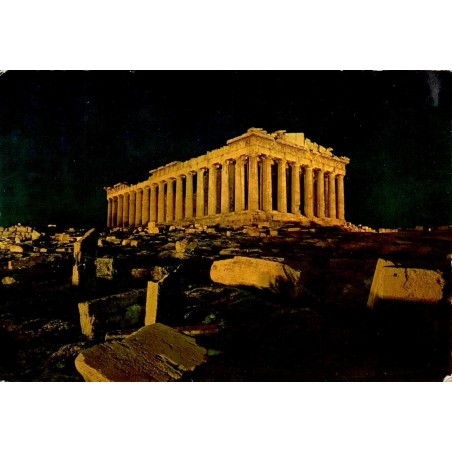 Carte postale ancienne du Parthénon illuminé sur l'Acropole d'Athènes avec verso manuscrit daté de 1975