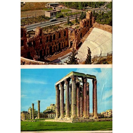 Carte postale ancienne d'Athènes montrant l'Odéon d'Hérode Atticus et le Temple de Zeus Olympien