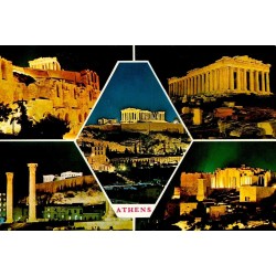 Carte postale ancienne montrant plusieurs vues nocturnes de l'Acropole d'Athènes et du Parthénon illuminé