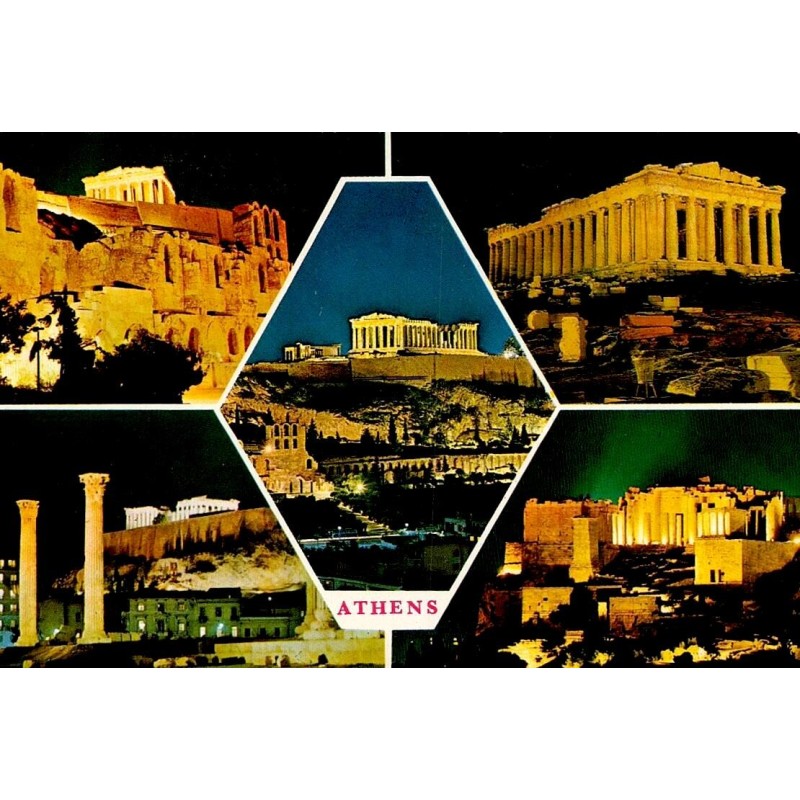 Carte postale ancienne montrant plusieurs vues nocturnes de l'Acropole d'Athènes et du Parthénon illuminé