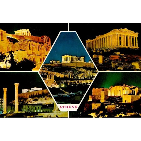 Carte postale ancienne montrant plusieurs vues nocturnes de l'Acropole d'Athènes et du Parthénon illuminé