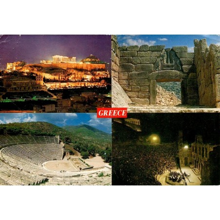 Carte postale ancienne de Grèce avec l'Acropole, Mycènes, Épidaure et l'Odéon d'Hérode Atticus