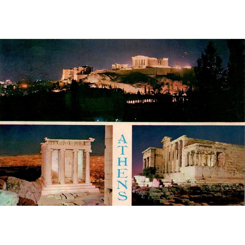 Carte Postale Moderne d'Athènes montrant le Parthénon, l'Érechthéion et le temple d'Athéna Nikè de nuit