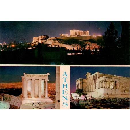 Carte Postale Moderne d'Athènes montrant le Parthénon, l'Érechthéion et le temple d'Athéna Nikè de nuit