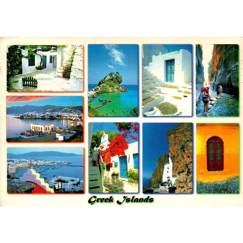 CPM représentant un montage de vues des îles grecques avec villages blancs, ports, plages et paysages des Cyclades, voyagée