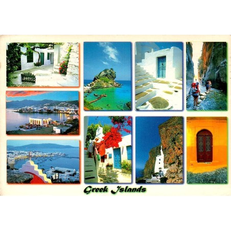 CPM représentant un montage de vues des îles grecques avec villages blancs, ports, plages et paysages des Cyclades, voyagée