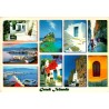 CPM représentant un montage de vues des îles grecques avec villages blancs, ports, plages et paysages des Cyclades, voyagée