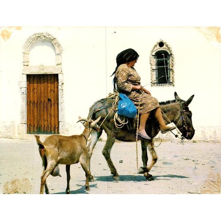 Carte Postale Moderne montrant une femme grecque à dos d'âne accompagnée d'une chèvre devant une maison traditionnelle.