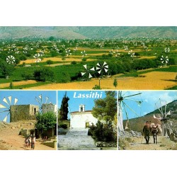Carte Postale Moderne du plateau de Lassithi en Crète avec moulins à vent, église et scènes rurales.