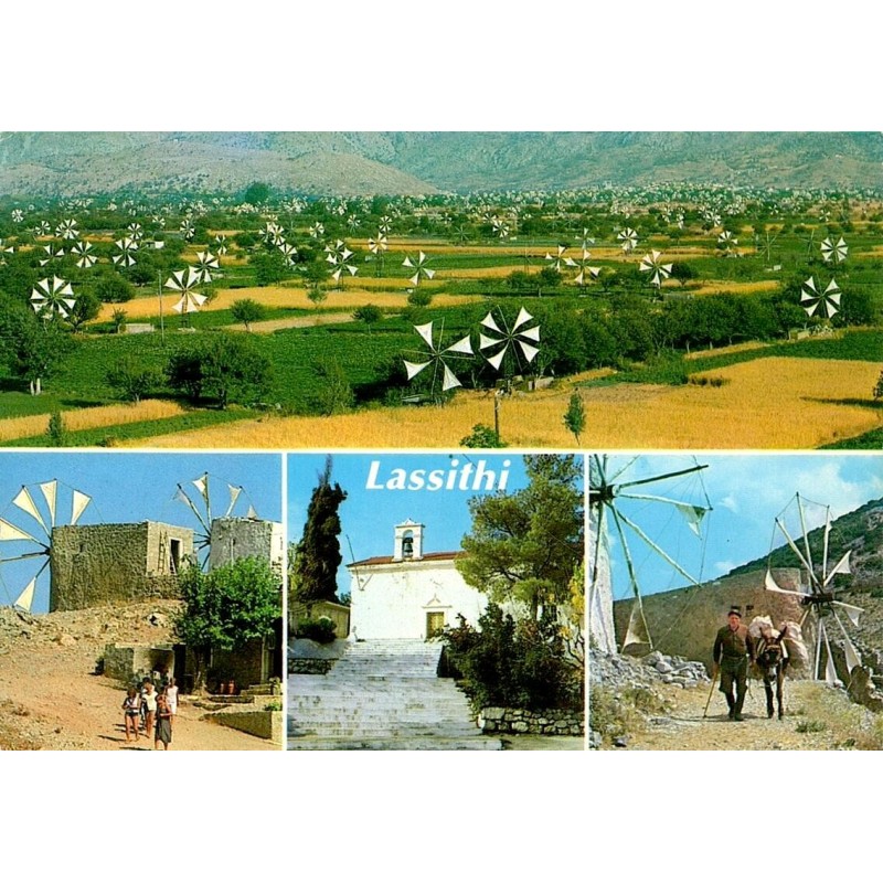 Carte Postale Moderne du plateau de Lassithi en Crète avec moulins à vent, église et scènes rurales.