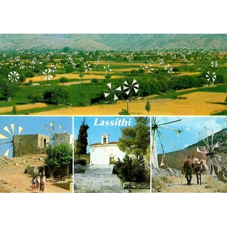Carte Postale Moderne du plateau de Lassithi en Crète avec moulins à vent, église et scènes rurales.