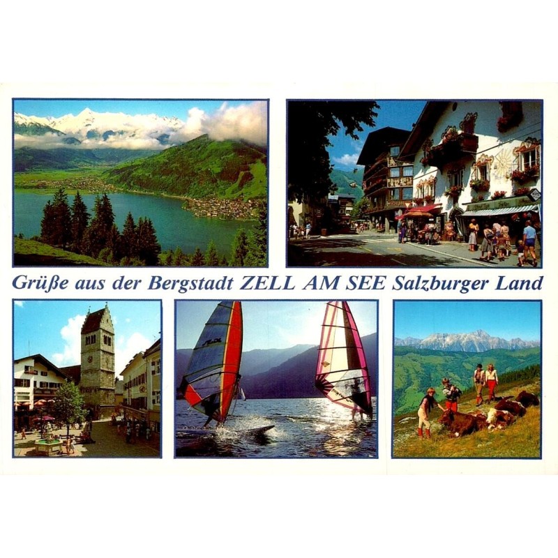 Carte Postale Moderne de Zell am See avec panorama du lac, centre-ville et paysages alpins.