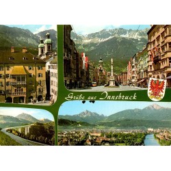 CPSM multivues d'Innsbruck avec le Goldenes Dachl, la Maria-Theresien-Straße et l'Europabrücke.