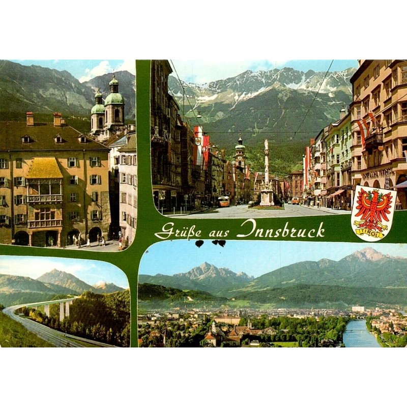 CPSM multivues d'Innsbruck avec le Goldenes Dachl, la Maria-Theresien-Straße et l'Europabrücke.