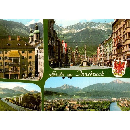 CPSM multivues d'Innsbruck avec le Goldenes Dachl, la Maria-Theresien-Straße et l'Europabrücke.
