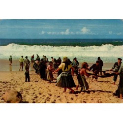 Carte postale CPSM de Nazaré montrant les pêcheurs halant les filets sur la plage au Portugal