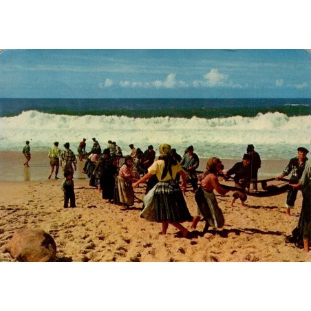 Carte postale CPSM de Nazaré montrant les pêcheurs halant les filets sur la plage au Portugal