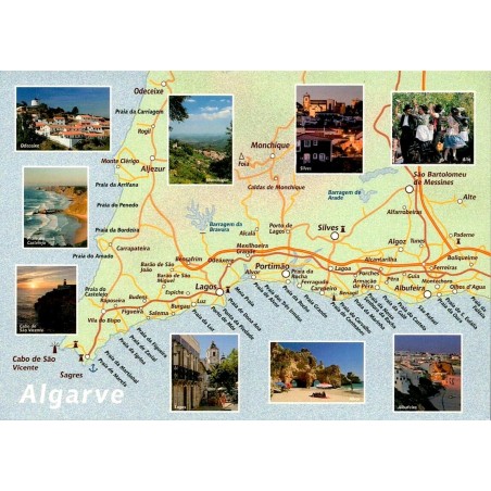 Carte postale CPM avec carte illustrée de l'Algarve Ouest et sites touristiques du Portugal