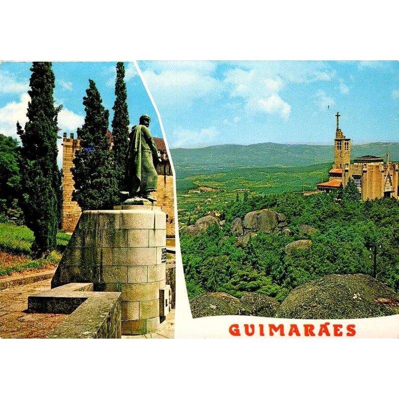 Carte postale CPSM Guimarães Portugal château statue de Dom Afonso Henriques et sanctuaire de Penha