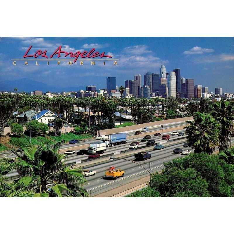 Carte postale Los Angeles Californie skyline Downtown autoroute palmiers USA