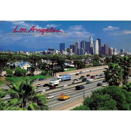 Carte postale Los Angeles Californie skyline Downtown autoroute palmiers USA