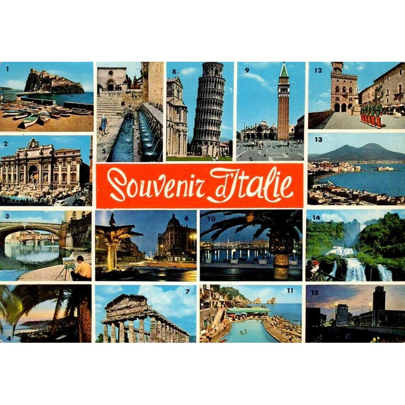 Souvenir d'Italie carte postale multivues Rome Venise Pise Naples années 1970