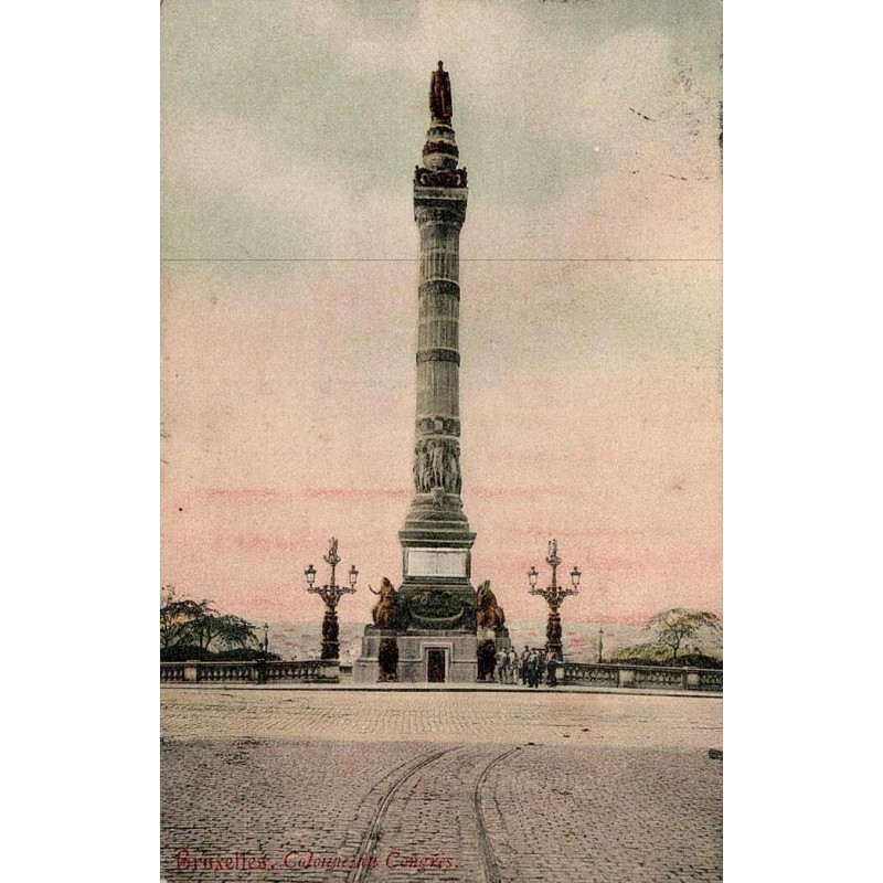 CPA Bruxelles Colonne du Congrès circulée en 1908 avec deux timbres belges