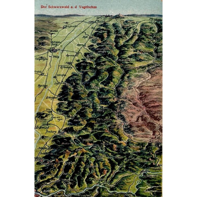 CPA Forêt-Noire Allemagne carte panoramique ancienne à vol d’oiseau avec villes et reliefs
