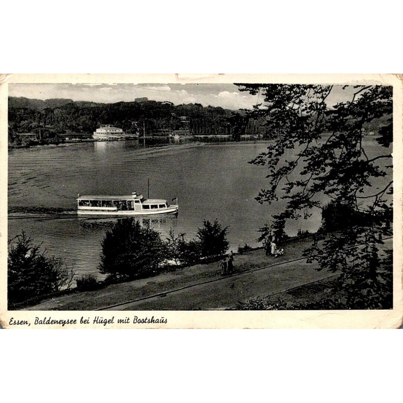 CPSM Essen Baldeneysee à Hügel avec bateau et Bootshaus Allemagne, circulée en 1956