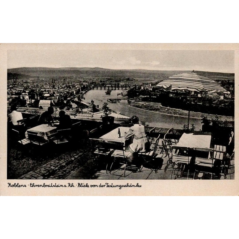 CPA Koblenz vue d’Ehrenbreitstein sur le Rhin et Deutsches Eck avec terrasse de la forteresse