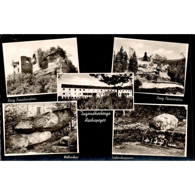 CPSM Hochspeyer Jugendherberge Burg Frankenstein Diemerstein Weltachse Siebenbrunnen Allemagne