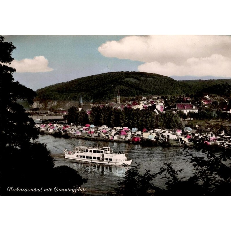 CPSM Neckargemünd Allemagne campingplatz Neckar bateau camping caravanes années 1960