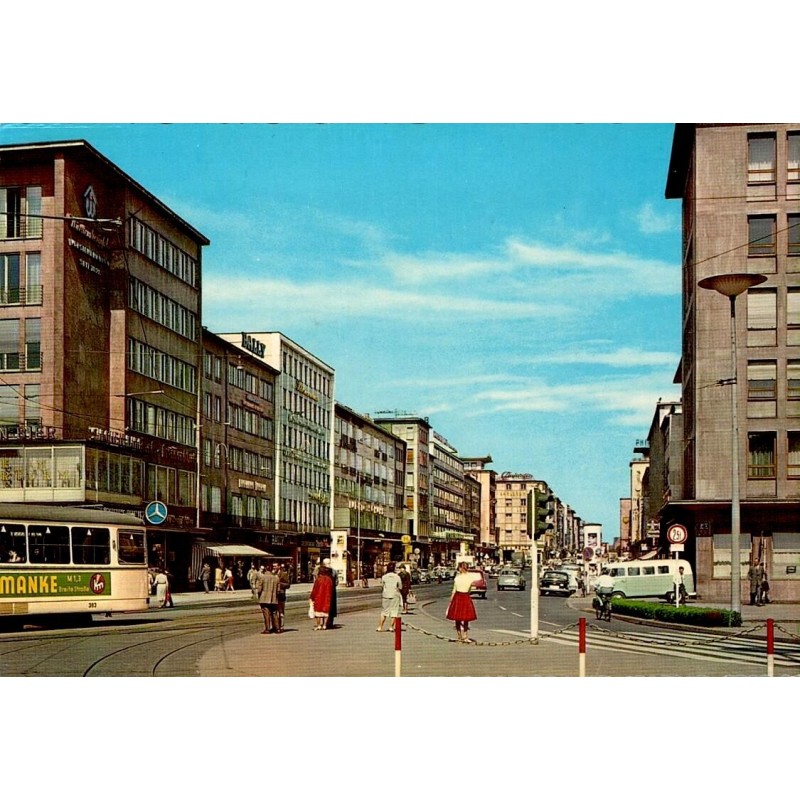 CPSM Mannheim Planken Allemagne centre-ville tramway commerces automobiles années 1960
