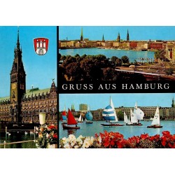 CPM Hamburg Allemagne Gruss aus Hamburg Rathaus Alster voiliers carte postale