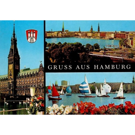CPM Hamburg Allemagne Gruss aus Hamburg Rathaus Alster voiliers carte postale