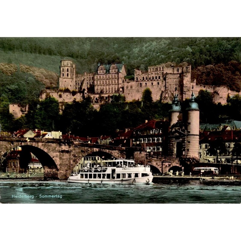 CPSM Heidelberg Sommertag Allemagne château Alte Brücke bateau sur le Neckar