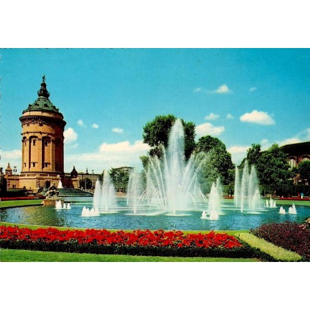 CPSM Mannheim Allemagne Wasserturm fontaines jardins Friedrichsplatz années 1960
