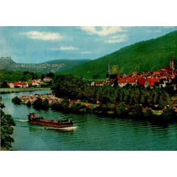 CPSM Neckargemünd Allemagne camping Friedensbrücke Neckar péniche caravanes années 1960
