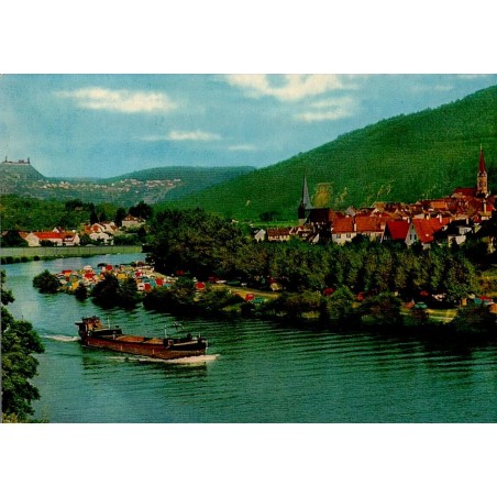 CPSM Neckargemünd Allemagne camping Friedensbrücke Neckar péniche caravanes années 1960